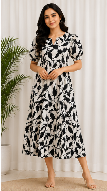 Monochrome Abstract Printed 2-Tier Maxi Dress – Soft Cotton Elegance
