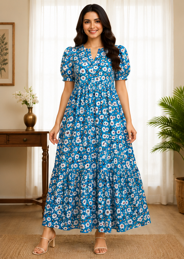 Sky Blue Floral Printed 2-Tier Maxi Dress – Soft Cotton Comfort
