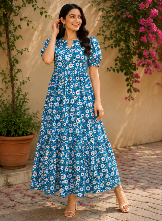 Sky Blue Floral Printed 2-Tier Maxi Dress – Soft Cotton Comfort