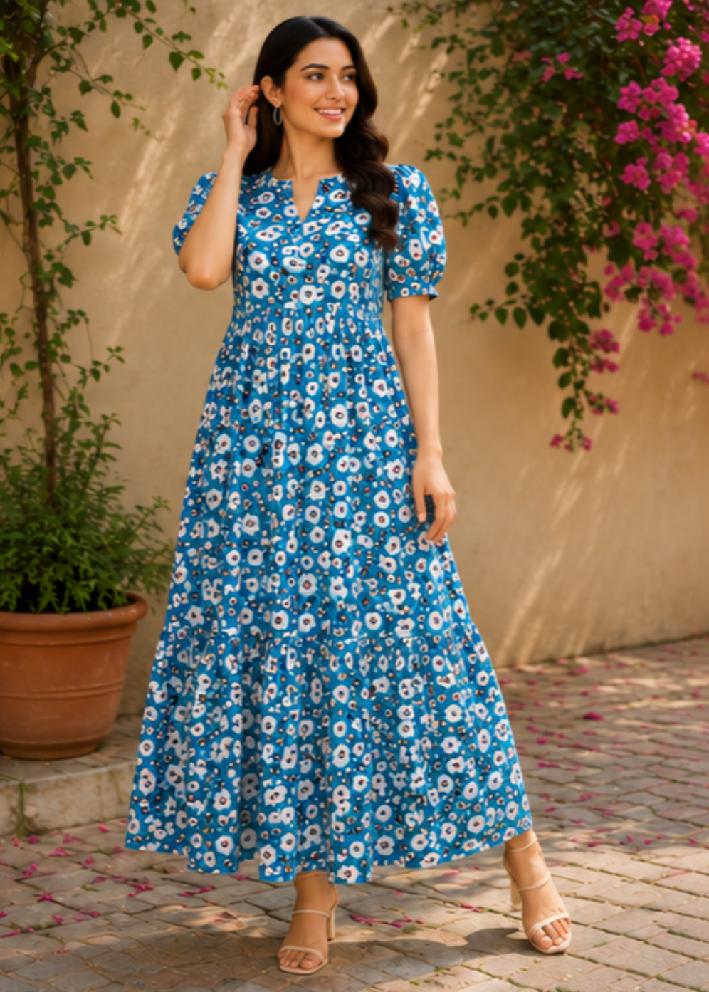 Sky Blue Floral Printed 2-Tier Maxi Dress – Soft Cotton Comfort