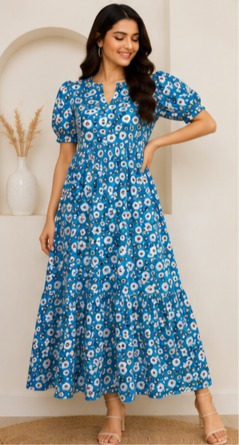 Sky Blue Floral Printed 2-Tier Maxi Dress – Soft Cotton Comfort