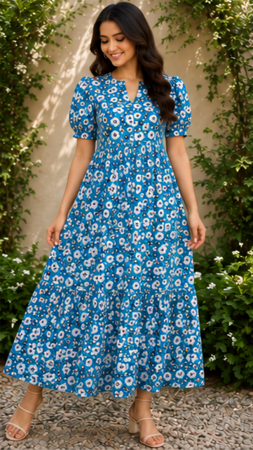 Sky Blue Floral Printed 2-Tier Maxi Dress – Soft Cotton Comfort