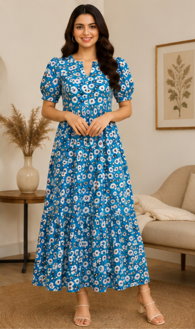 Sky Blue Floral Printed 2-Tier Maxi Dress – Soft Cotton Comfort
