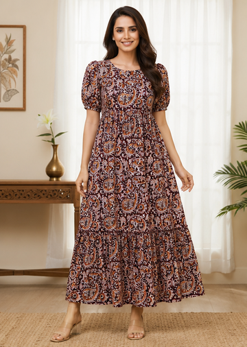 Rust Brown Paisley Printed 2-Tier Maxi Dress – Soft Cotton Elegance