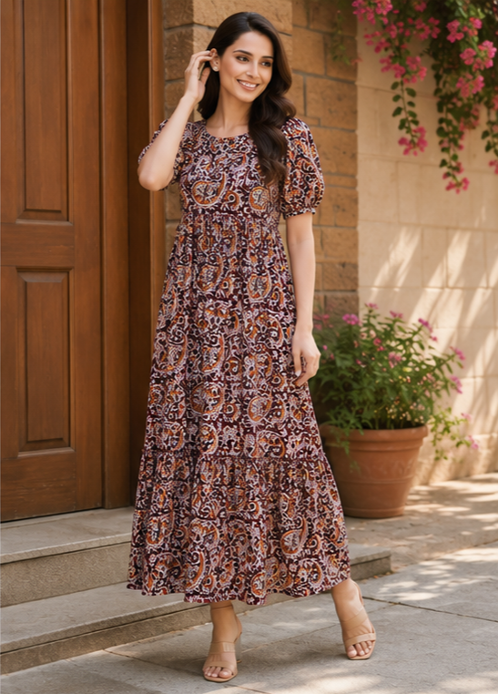 Rust Brown Paisley Printed 2-Tier Maxi Dress – Soft Cotton Elegance