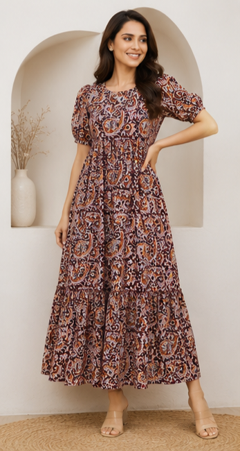 Rust Brown Paisley Printed 2-Tier Maxi Dress – Soft Cotton Elegance