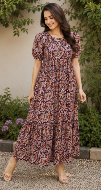 Rust Brown Paisley Printed 2-Tier Maxi Dress – Soft Cotton Elegance