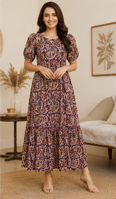 Rust Brown Paisley Printed 2-Tier Maxi Dress – Soft Cotton Elegance
