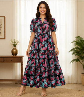 Midnight Bloom Printed 2-Tier Maxi Dress – Soft Cotton Comfort