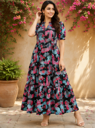 Midnight Bloom Printed 2-Tier Maxi Dress – Soft Cotton Comfort