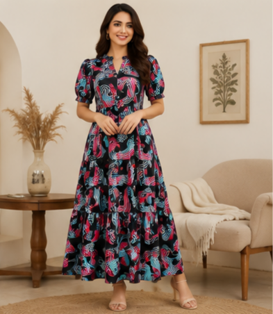 Midnight Bloom Printed 2-Tier Maxi Dress – Soft Cotton Comfort