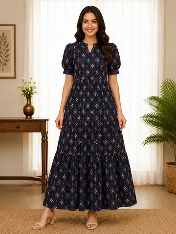 Midnight Blue Ikat Printed 2-Tier Maxi Dress