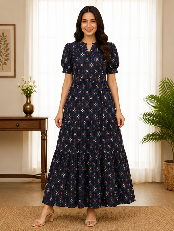 Midnight Blue Ikat Printed 2-Tier Maxi Dress