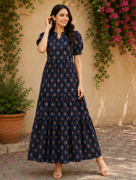Midnight Blue Ikat Printed 2-Tier Maxi Dress