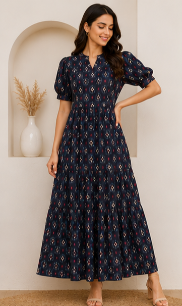 Midnight Blue Ikat Printed 2-Tier Maxi Dress