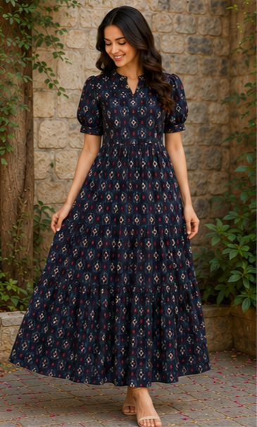 Midnight Blue Ikat Printed 2-Tier Maxi Dress