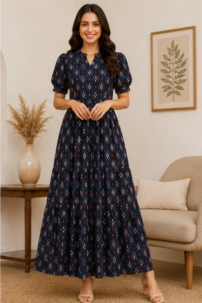 Midnight Blue Ikat Printed 2-Tier Maxi Dress