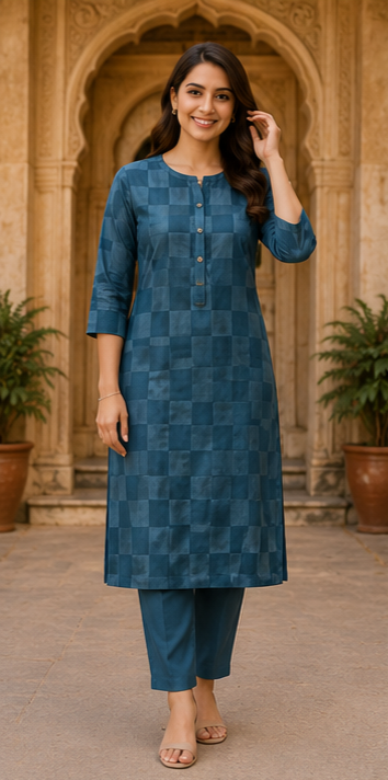 Teal Geometric Printed Straight Kurta Set for Women