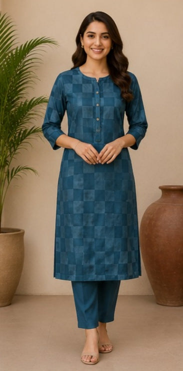 Teal Geometric Printed Straight Kurta Set for Women