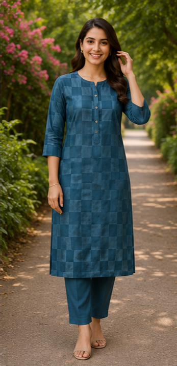 Teal Geometric Printed Straight Kurta Set for Women
