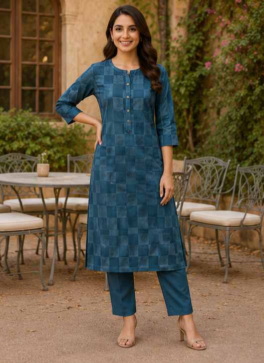 Teal Geometric Printed Straight Kurta Set for Women
