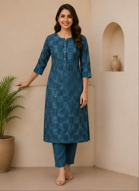 Teal Geometric Printed Straight Kurta Set for Women