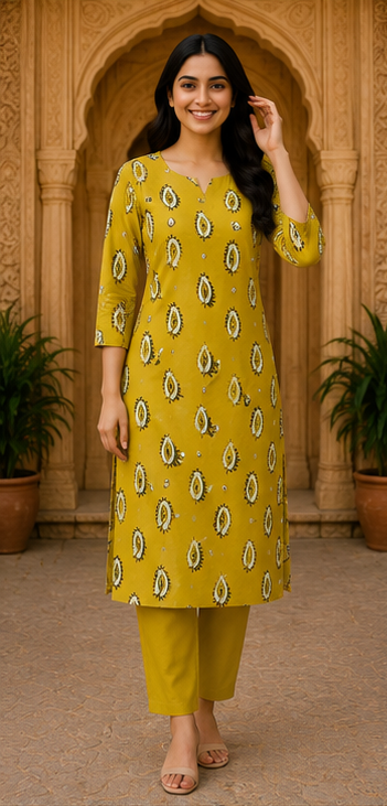 Mustard Ethnic Printed Straight Kurta Set for Women