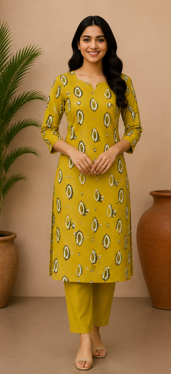 Mustard Ethnic Printed Straight Kurta Set for Women