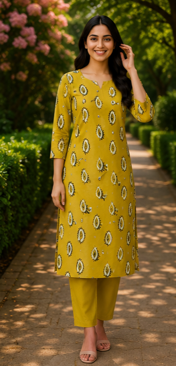 Mustard Ethnic Printed Straight Kurta Set for Women