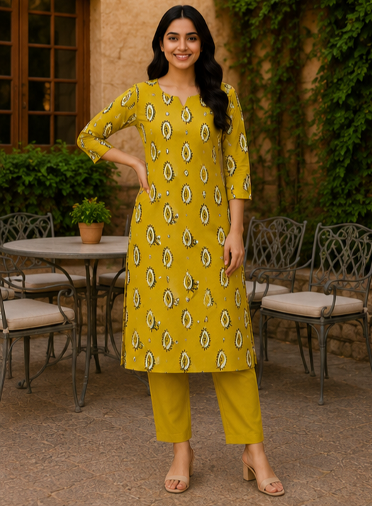 Mustard Ethnic Printed Straight Kurta Set for Women