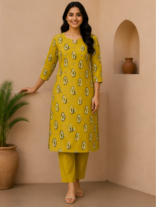 Mustard Ethnic Printed Straight Kurta Set for Women