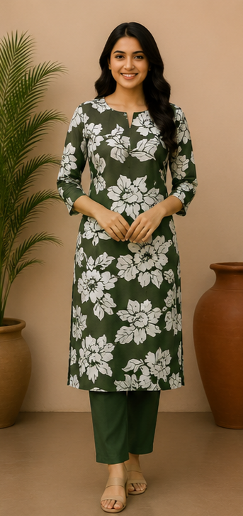 Olive Green Floral Printed Straight Kurta Set for Women