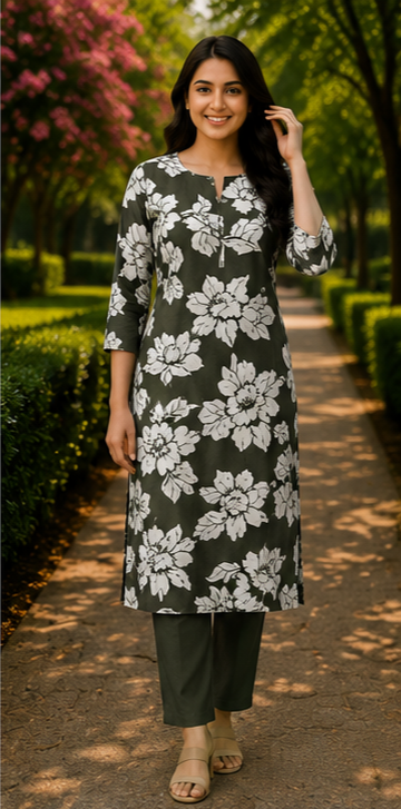 Olive Green Floral Printed Straight Kurta Set for Women