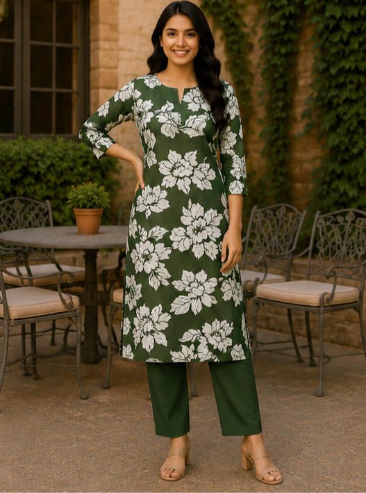 Olive Green Floral Printed Straight Kurta Set for Women
