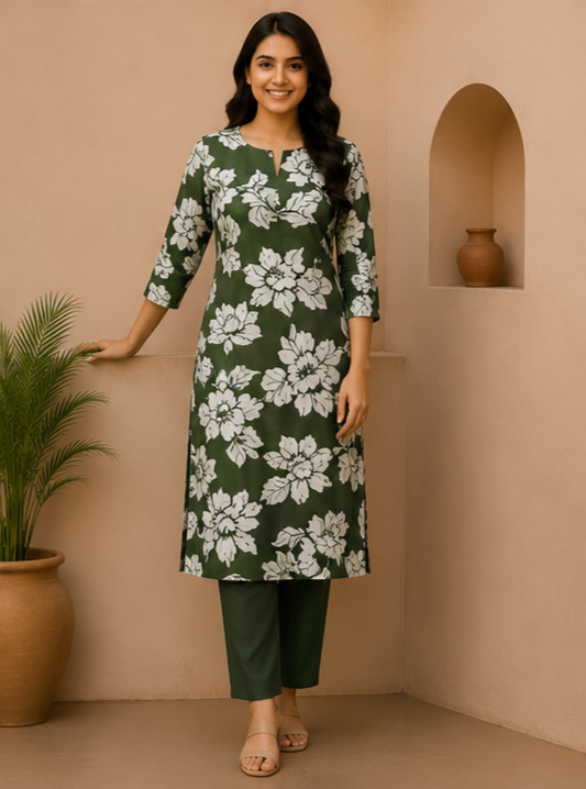 Olive Green Floral Printed Straight Kurta Set for Women