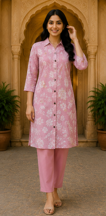 Blush Pink Floral Printed Soft Cotton Co-Ord Set for Women