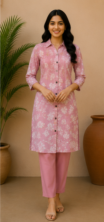 Blush Pink Floral Printed Soft Cotton Co-Ord Set for Women