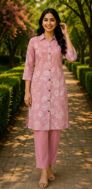 Blush Pink Floral Printed Soft Cotton Co-Ord Set for Women