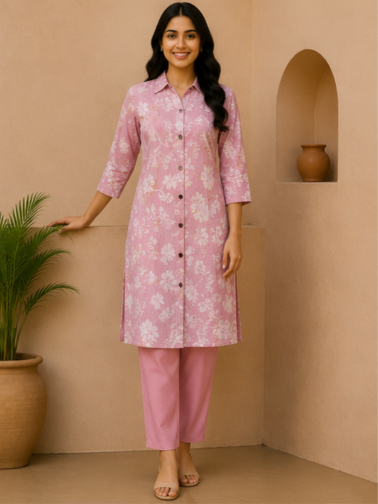Blush Pink Floral Printed Soft Cotton Co-Ord Set for Women