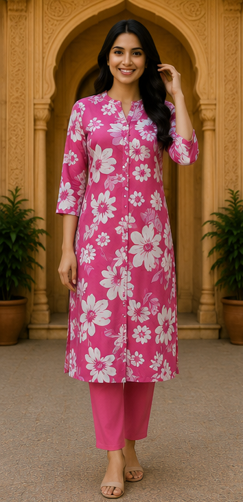 Blush Pink Floral Printed Straight Kurta Set for Women