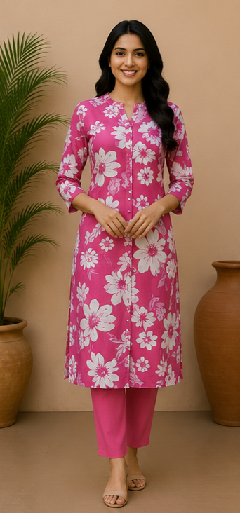 Blush Pink Floral Printed Straight Kurta Set for Women