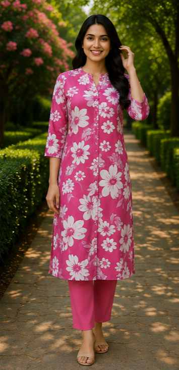 Blush Pink Floral Printed Straight Kurta Set for Women