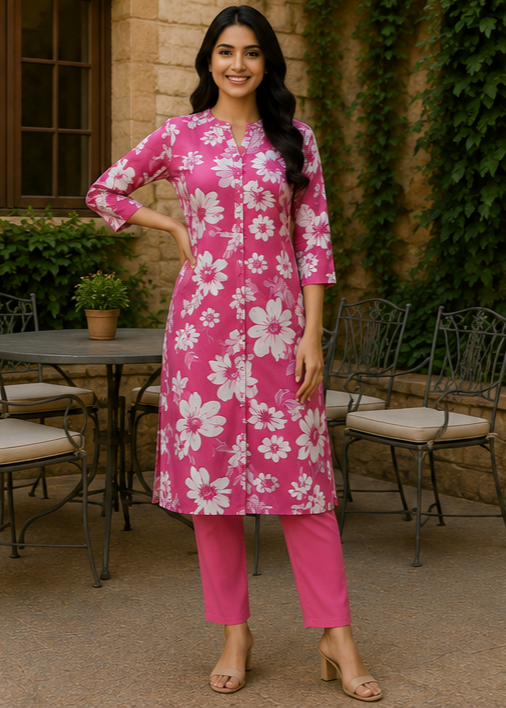 Blush Pink Floral Printed Straight Kurta Set for Women