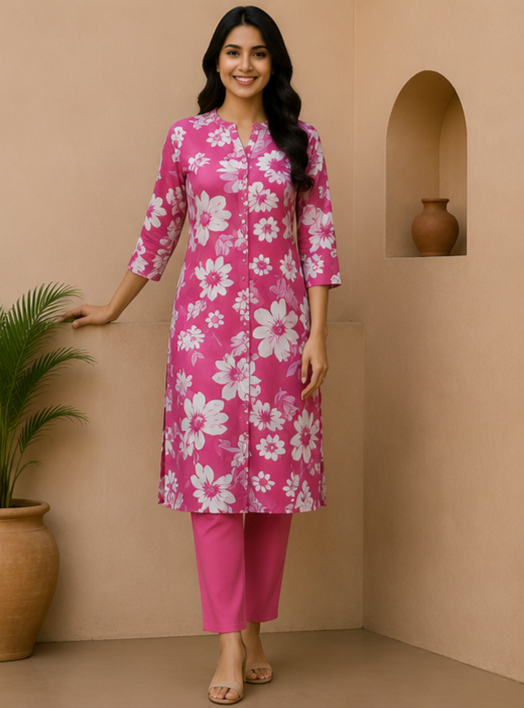 Blush Pink Floral Printed Straight Kurta Set for Women