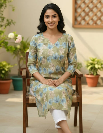 Women's Sage Green Floral Printed Cotton Straight Kurta