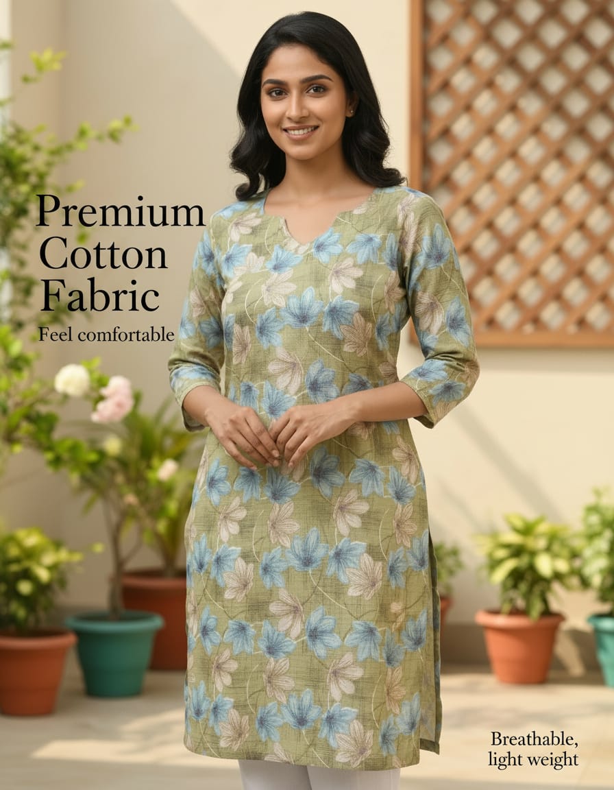 Women's Sage Green Floral Printed Cotton Straight Kurta