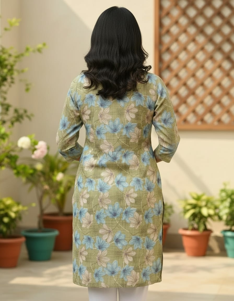 Women's Sage Green Floral Printed Cotton Straight Kurta